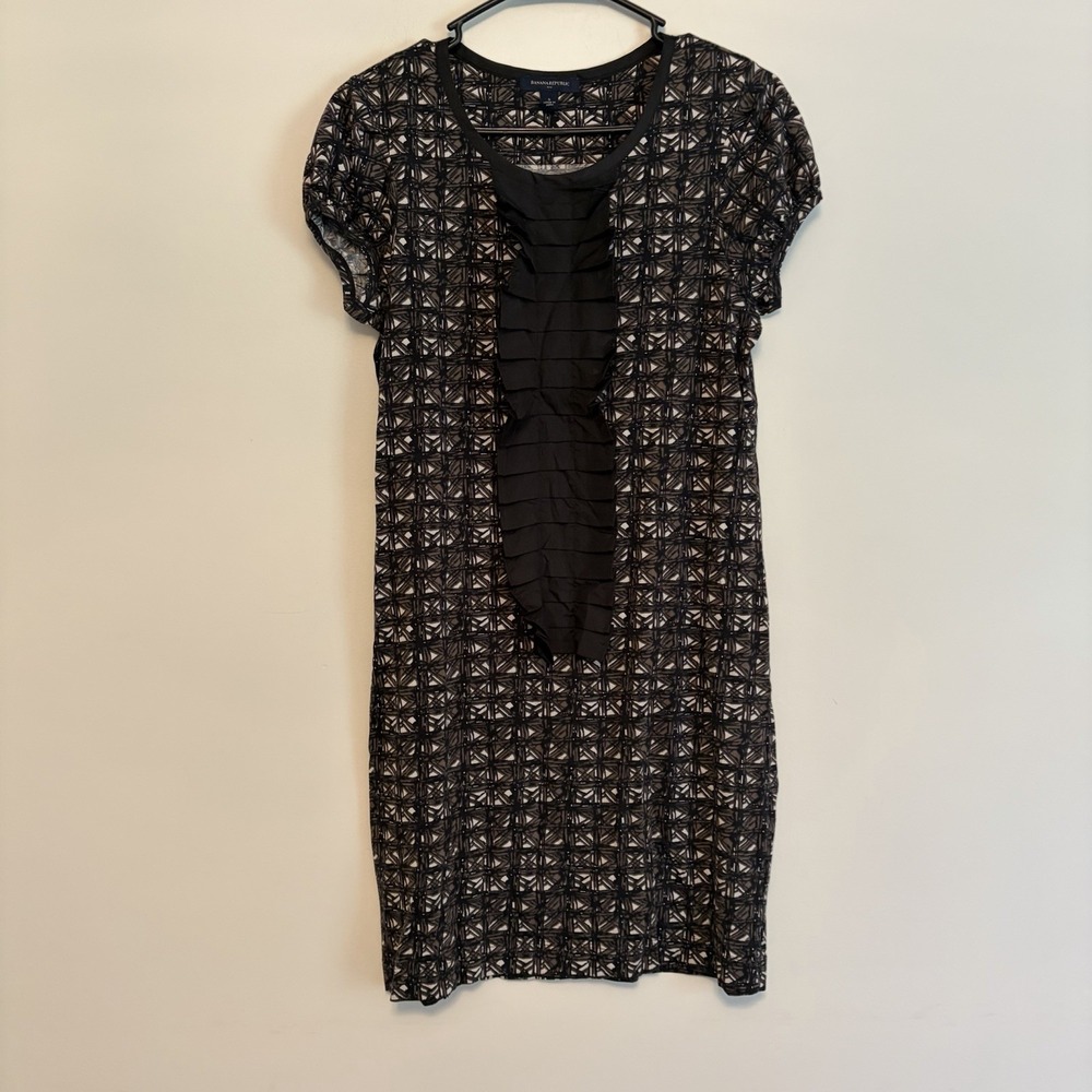Banana Republic Black Dress S Geometric Business Ruffle Office Short Sleeve